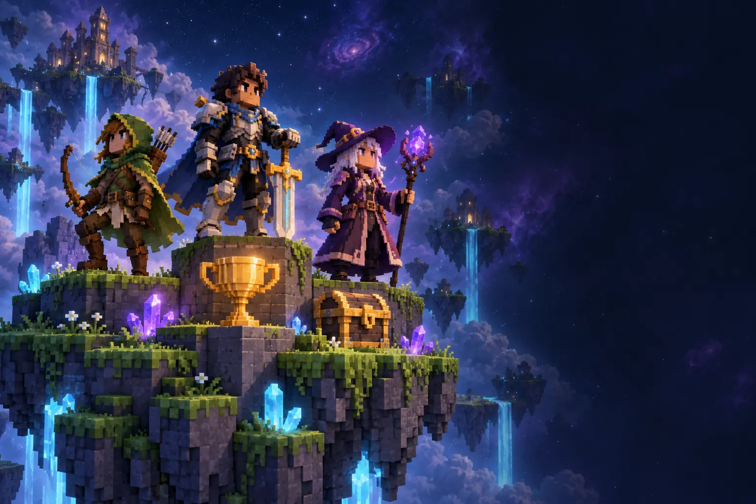 Três aventureiros voxel em um pódio sobre uma ilha flutuante